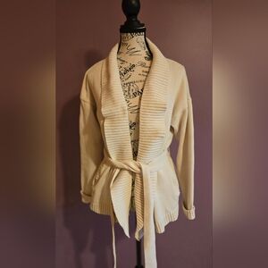 LOFT Cream Shawl Collar Belted Cardigan